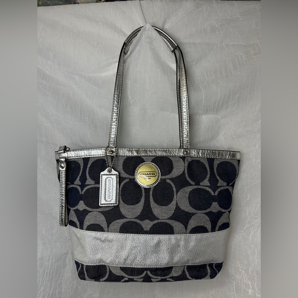 Coach Silver Trim Signature Canvas Tote Bag - Navy/Gray